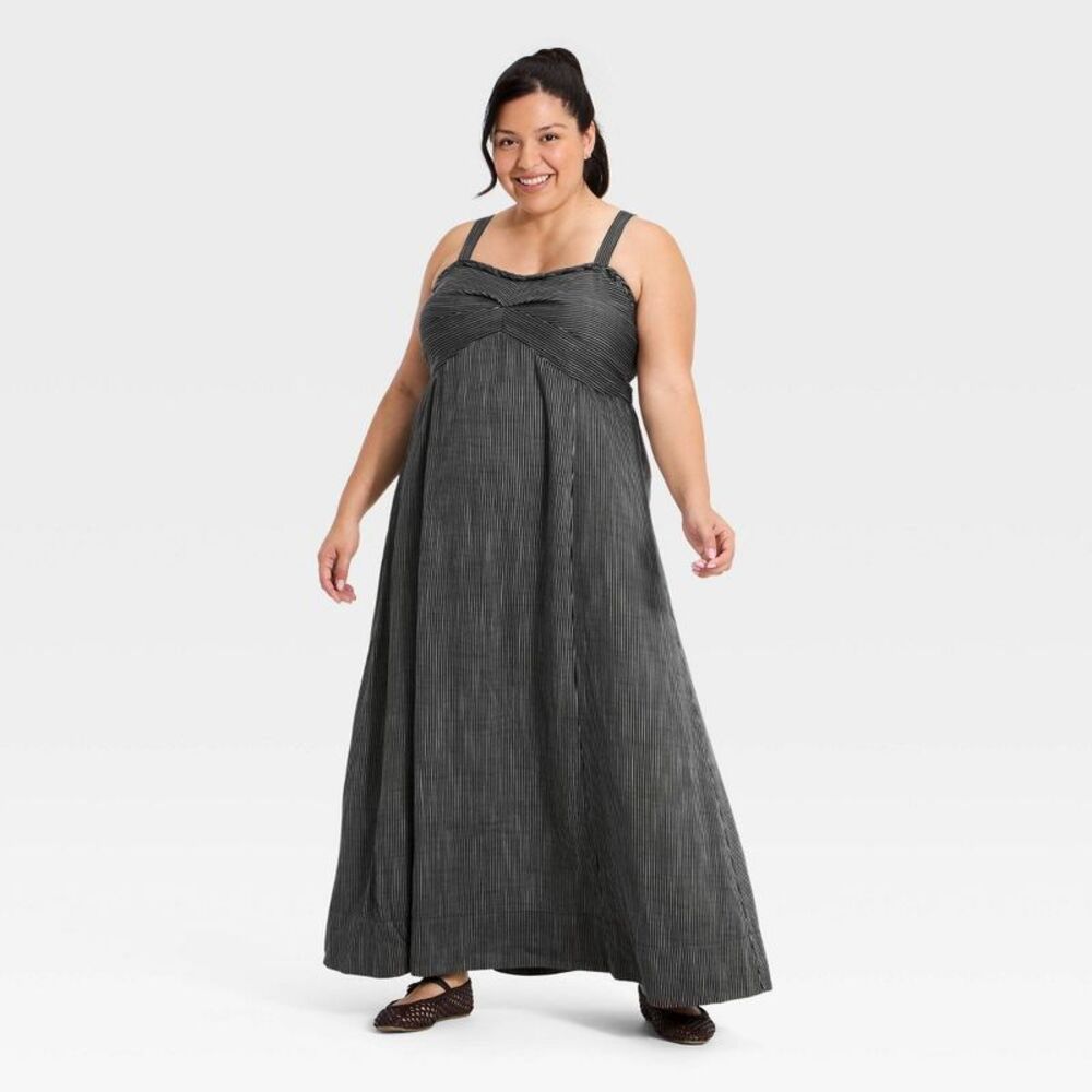 Women's Plus Braid Trim Maxi Summer Dress - Ava & Viv Brown Striped XXL